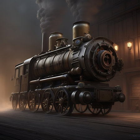 Old steam locomotive on a wooden background. 3D illustration.の素材