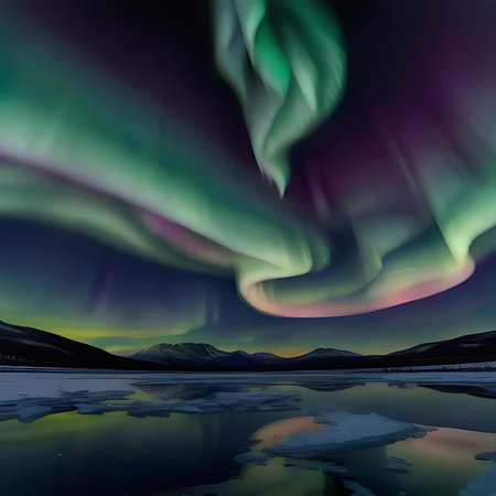 Aurora borealis northern lights over lake at night, Icelandの素材
