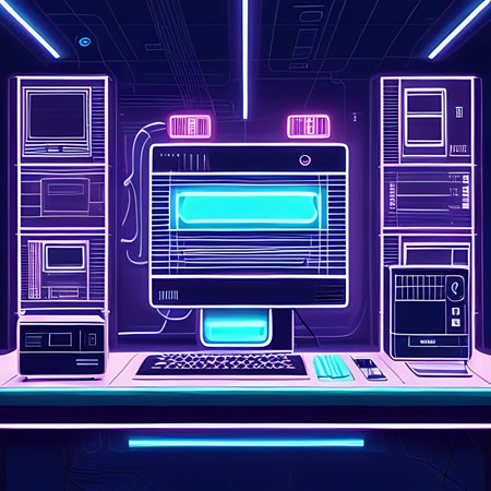 3D illustration of a computer and server room at night in neon lightの素材