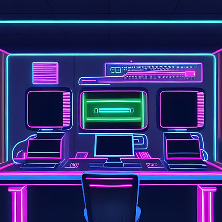 Futuristic interior of the office. Neon lights. 3d renderingの素材
