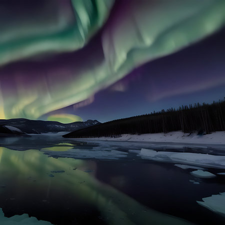 Northern lights over frozen lake in the mountains. Polar landscape with aurora borealisの素材