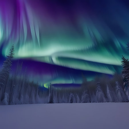 Aurora borealis in the night forest. Northern lights.の素材