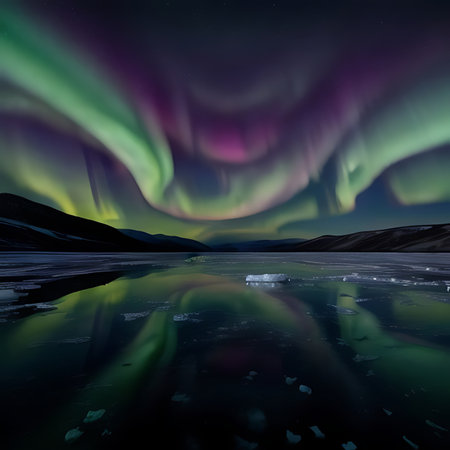 Aurora borealis, northern lights over the fjord in Icelandの素材