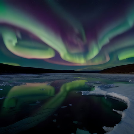 Aurora borealis, northern lights over frozen lake, Icelandの素材