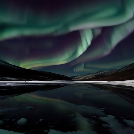 Northern lights over a lake in Iceland. 3d rendering. Computer digital drawing.の素材
