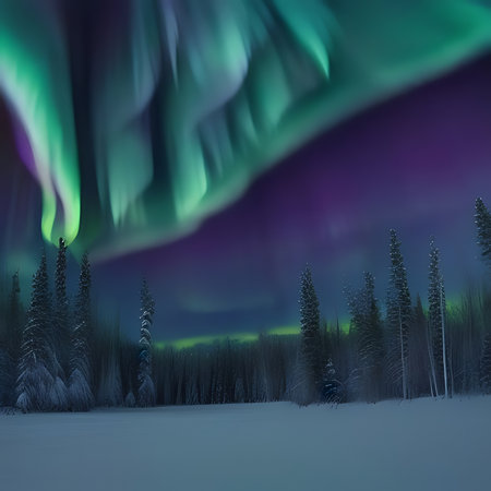 Northern lights aurora borealis over winter forest. 3D renderingの素材