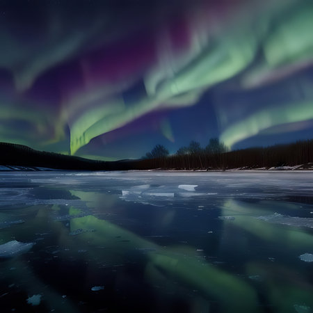 Northern lights over frozen lake in winter. Colorful aurora borealis.の素材