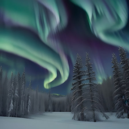 Aurora borealis in the winter forest. 3D renderingの素材