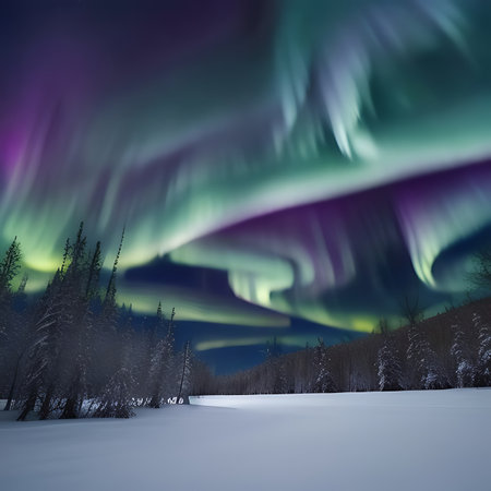 Northern lights in the night sky. Aurora borealis, northern lights.の素材