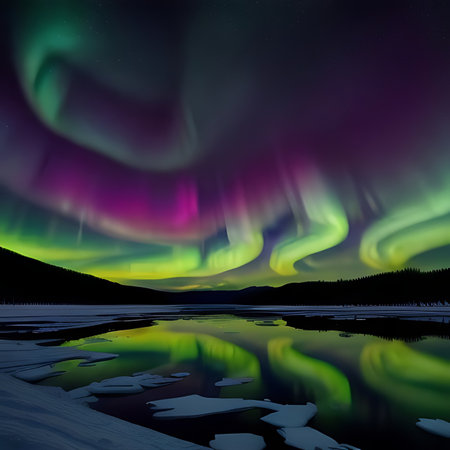 Northern lights over lake in the Polar Urals. Polar landscape.の素材