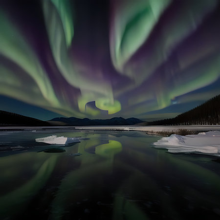 Aurora borealis, northern lights over frozen lake in winterの素材