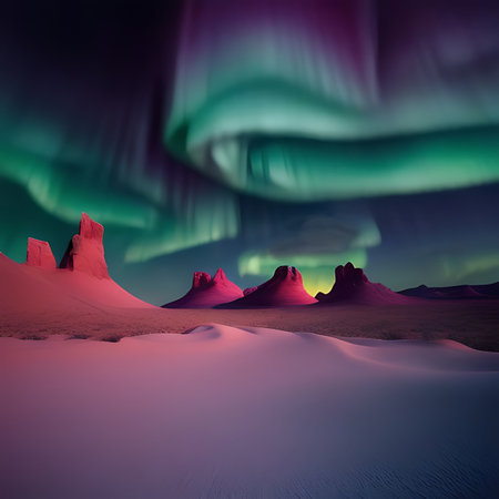 Aurora borealis in the desert. 3D illustration.の素材