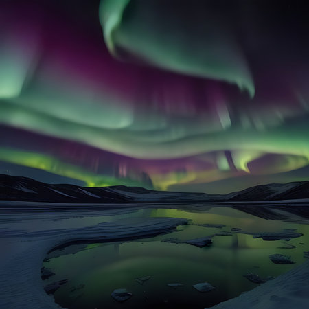 Aurora borealis northern lights in Iceland. 3D renderingの素材