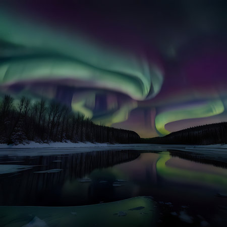 Northern lights in the night sky over the frozen lake. 3d renderingの素材