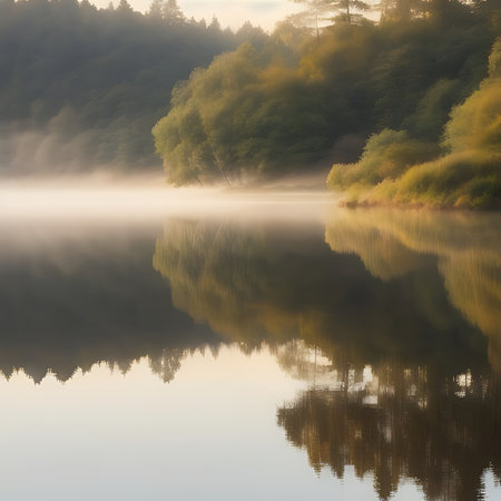 Morning mist on the lake in the forest. Beautiful nature background.の素材