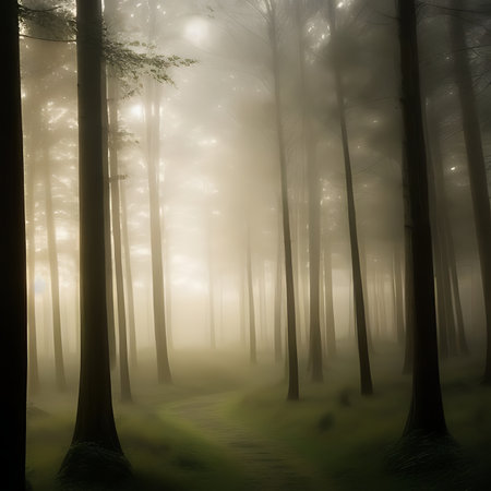 Mysterious foggy forest with trees and a path in the foregroundの素材