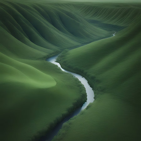 Fantasy landscape with a small river in the middle of green hillsの素材