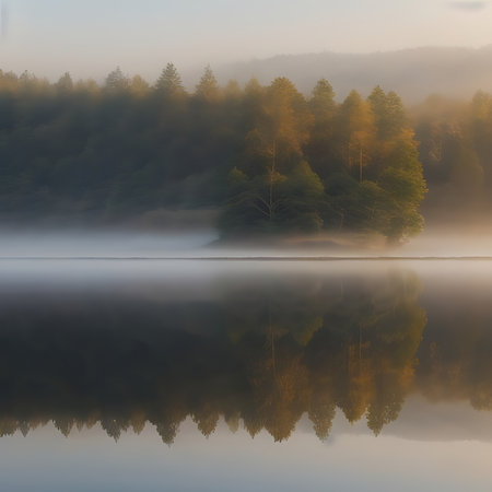 Foggy morning on the lake in the forest. Autumn landscape.の素材