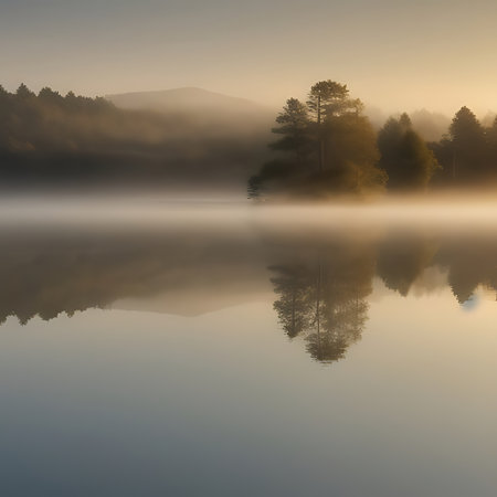 Foggy morning on the lake with reflection of pine trees in the waterの素材