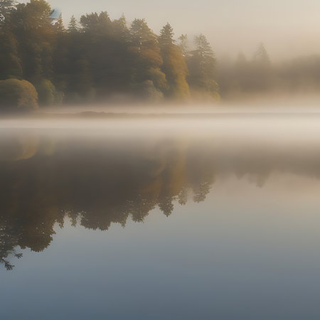 Autumn landscape with fog on the lake and forest reflecting in the waterの素材