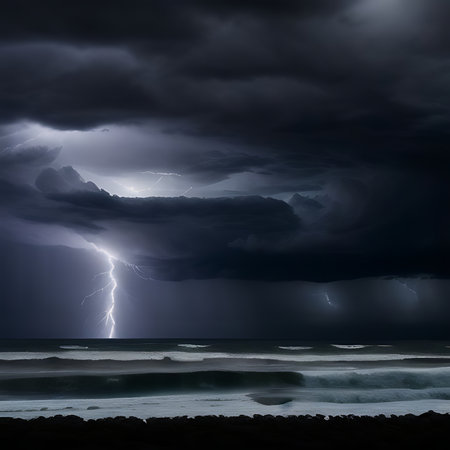 Dark stormy sky with lightning over the ocean. 3d renderingの素材