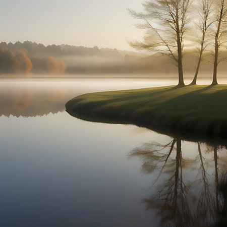 Morning fog on the lake with trees in the foreground. Nature composition.の素材