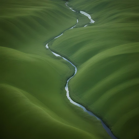 Aerial view of a small river flowing through a green meadowの素材