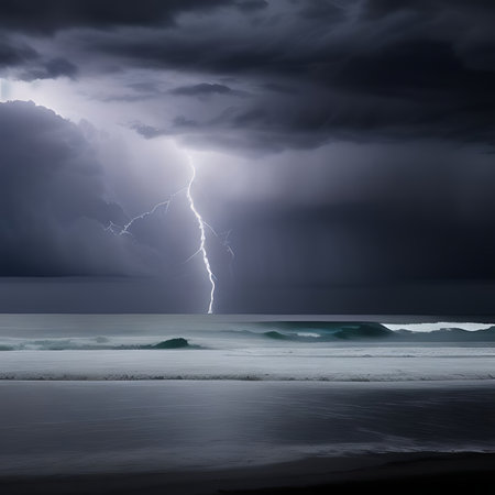 Stormy stormy sky over the sea with lightning in the foregroundの素材