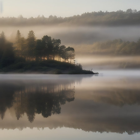 Foggy morning on the lake in the forest. Landscapeの素材