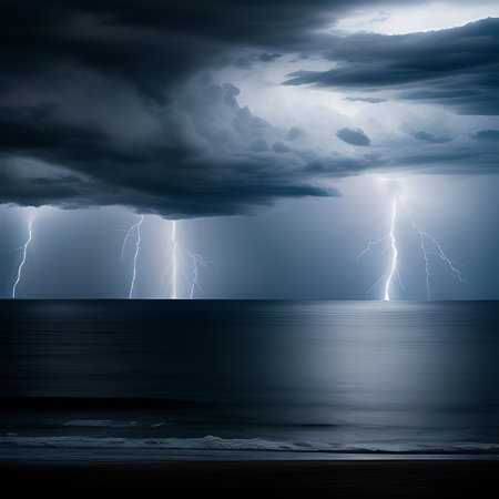 Dark stormy sky with lightning and sea. Elements of this image furnished by NASAの素材
