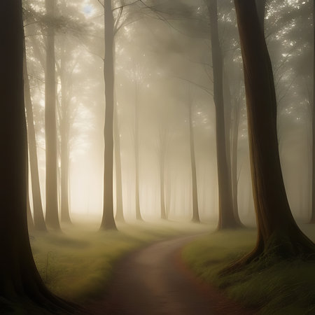 Mysterious foggy forest with a path leading to the horizonの素材