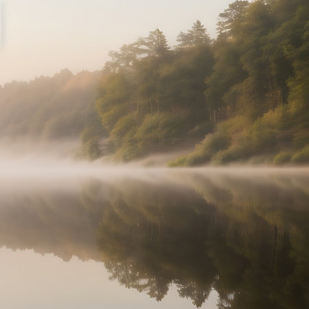 Foggy morning on the lake in the forest. Beautiful landscape.の素材