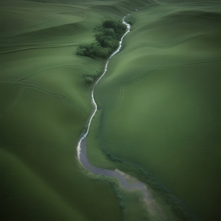 Aerial view of a river flowing through a green field. Shot from a drone.の素材