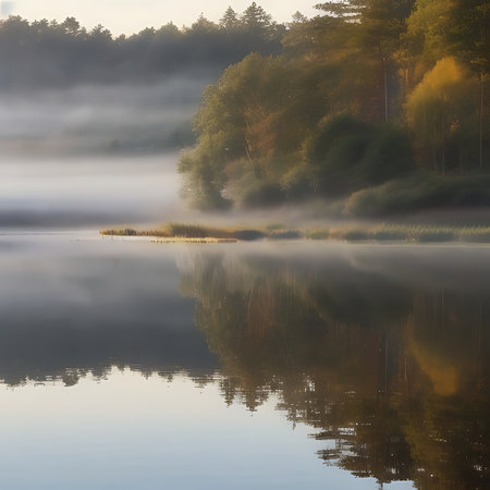 Foggy morning on the lake. Beautiful autumn landscape with fogの素材