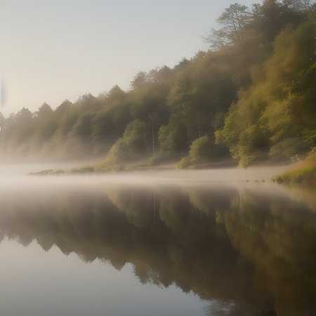 Morning fog on the lake in the forest. Beautiful autumn landscape.の素材