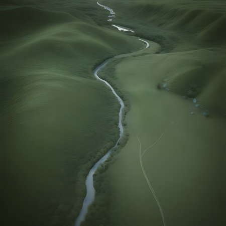 Aerial view of the river flowing through the mountains. 3D renderingの素材