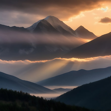 Sunset in the mountains. Dramatic scene. Caucasus, Russia.の素材