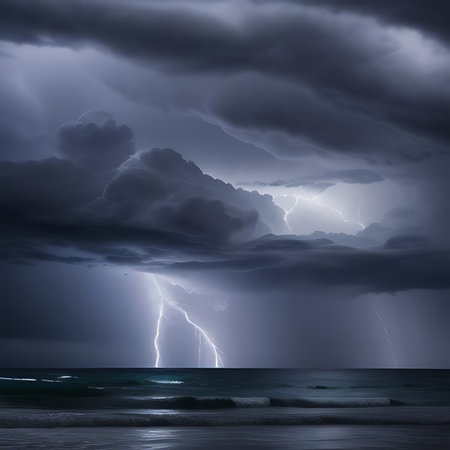 Stormy sky with lightning over the sea. 3d illustration.の素材