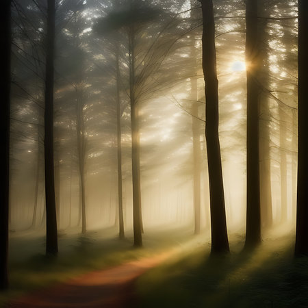 Mysterious forest with fog and rays of light coming through the treesの素材