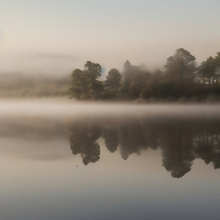 Morning mist over a lake with trees reflected in the water, UKの素材