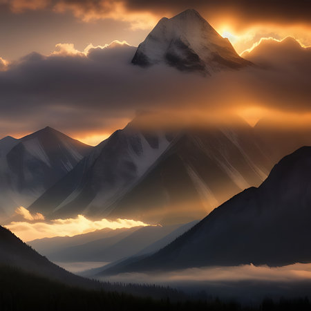 Mountains at sunset in the clouds. 3d render illustration.の素材