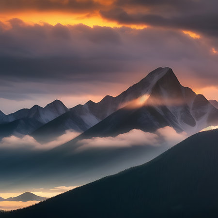 Mountains in the clouds at sunrise. Landscape with mountains.の素材