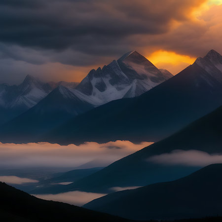 Mountains in the clouds at sunset. Himalaya, Nepal.の素材