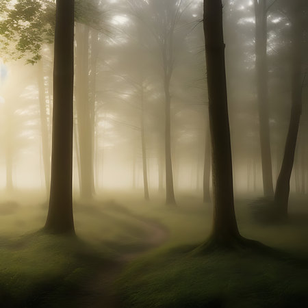 Mysterious forest in a foggy morning. 3D renderingの素材