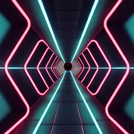 3d render of an abstract futuristic corridor with neon lights and reflectionsの素材