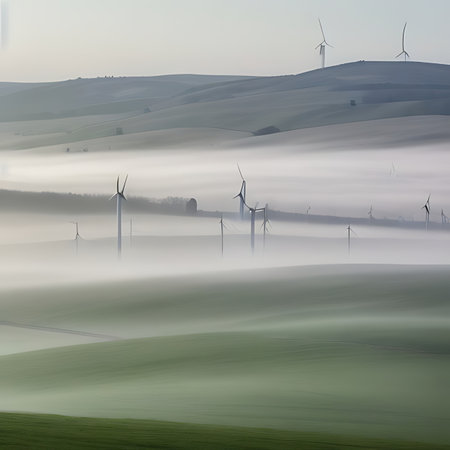 Wind turbines on a foggy morning in Tuscany, Italyの素材