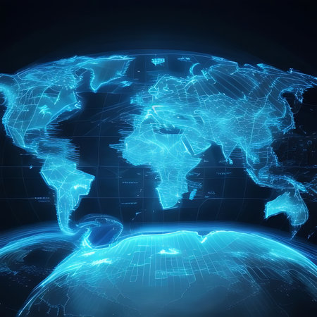Glowing blue world map on dark background. Globalization concept. 3D Renderingの素材