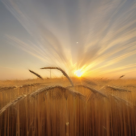 Sunset over the field with ears of wheat. 3d renderの素材