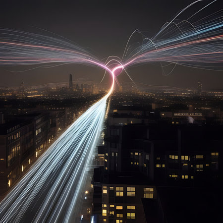 Abstract light trails on the modern city at night. 3D renderingの素材