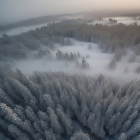 Aerial view of winter pine forest in fog at sunrise. Drone photography.の素材